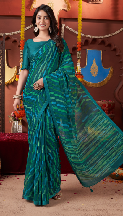 Suvarnika Luxury Printed Georgette Saree with Abstract print & Refined Border