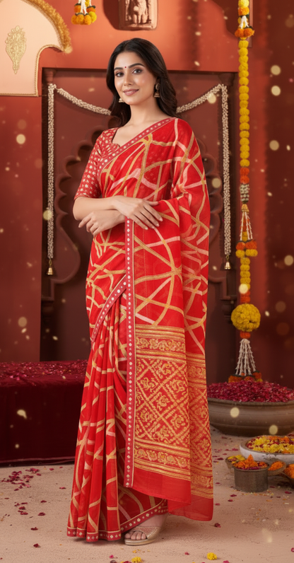Suvarnika Luxury Printed Georgette Saree with Abstract print & Refined Border