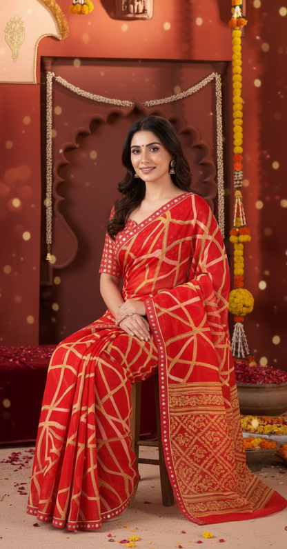 Suvarnika Luxury Printed Georgette Saree with Abstract print & Refined Border