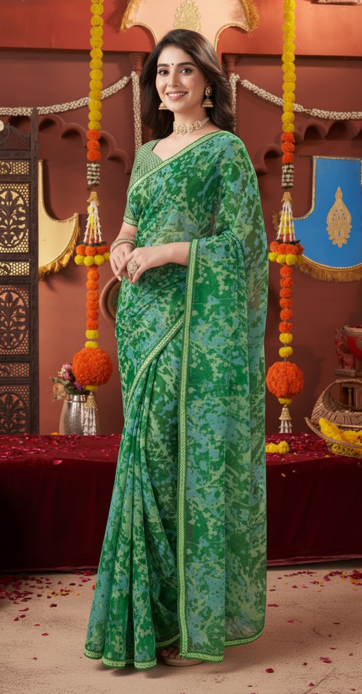 Suvarnika Luxury Printed Saree with Refined Border – Elegant - Georgette