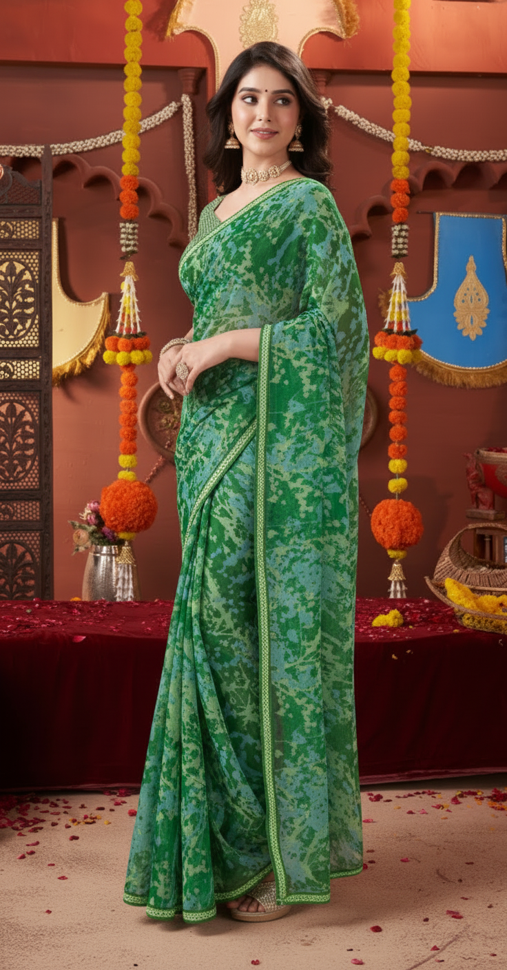 Suvarnika Luxury Printed Georgette Saree with Abstract print & Refined Border