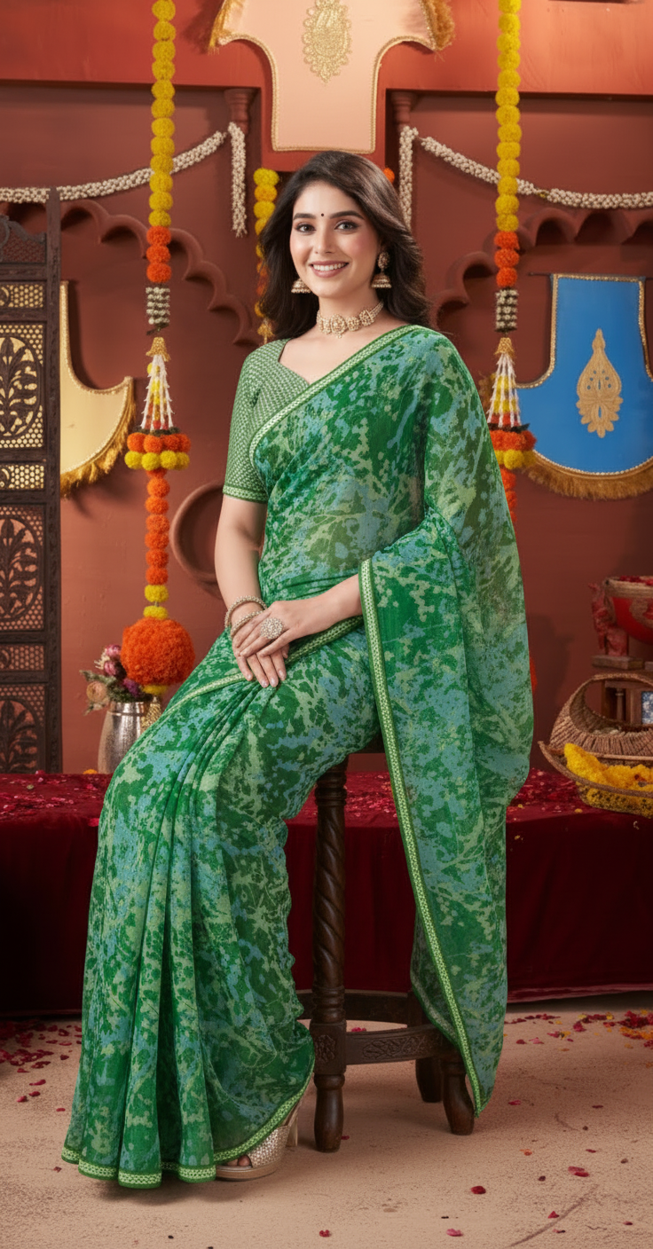 Suvarnika Luxury Printed Saree with Refined Border – Elegant - Georgette