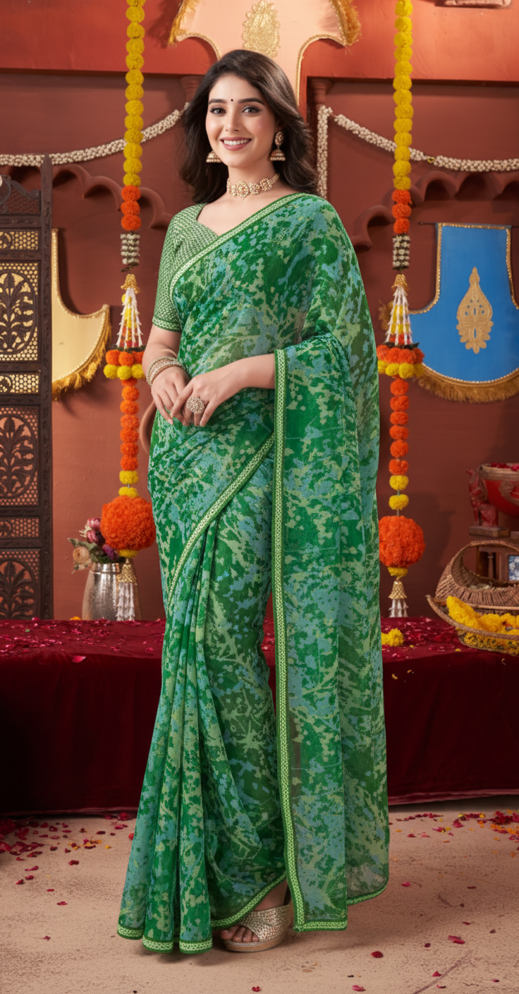 Suvarnika Luxury Printed Saree with Refined Border – Elegant - Georgette