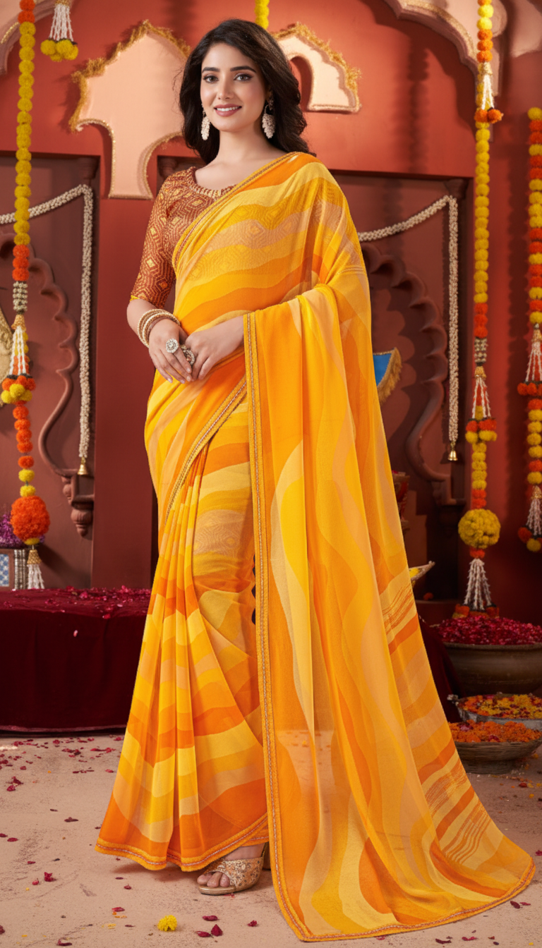 Suvarnika Luxury Printed Saree with Refined Border – Elegant - Georgette