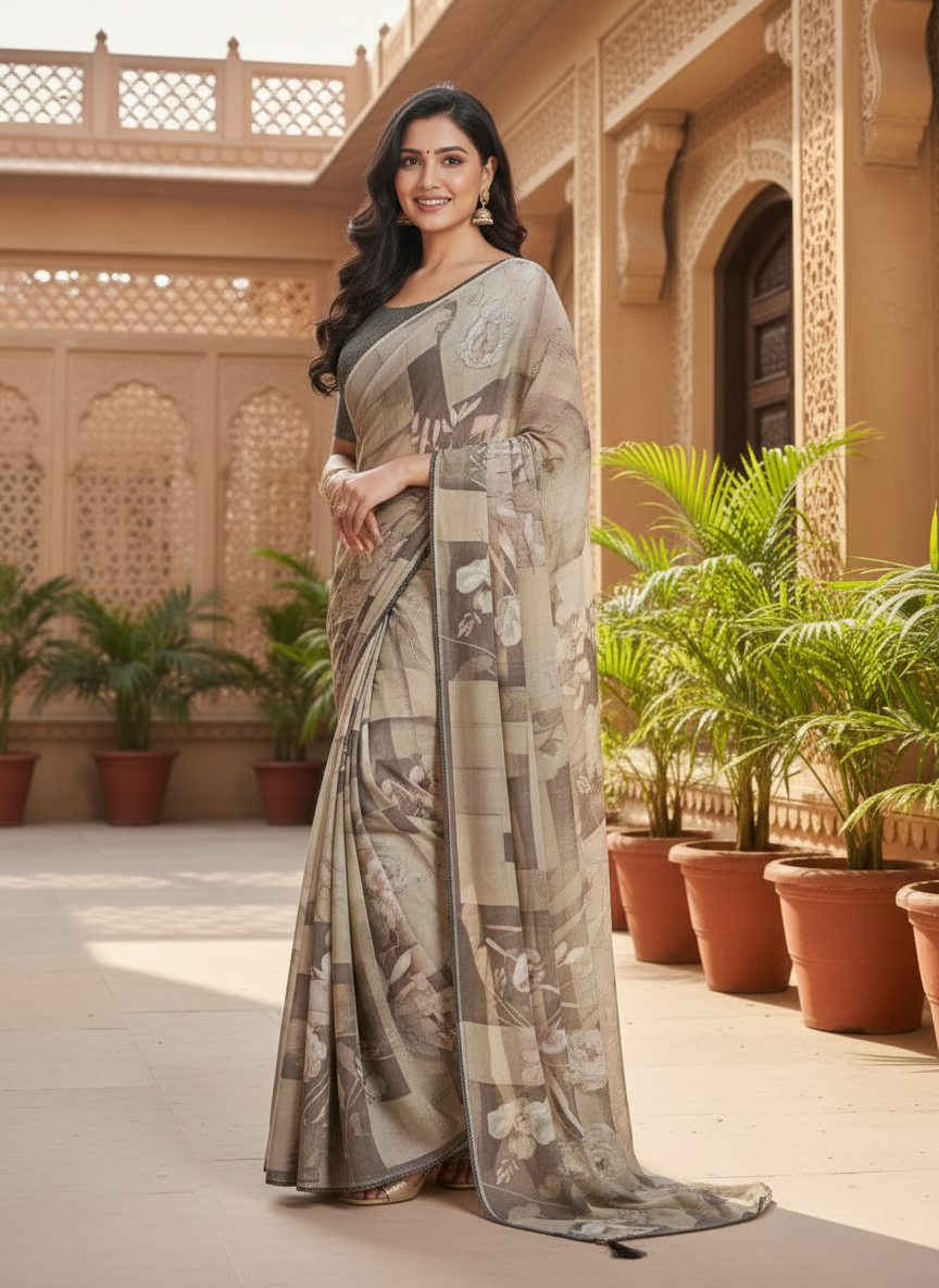Varnika Soft Georgette Printed Saree – Floral Elegance